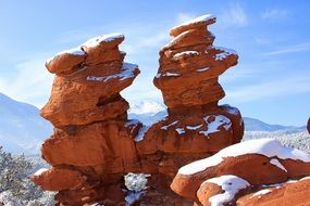 snow on the orange rocks in the Garden Of The Gods