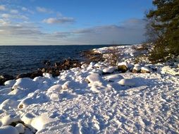 panoramic view of the beach in the snow in winter