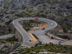 aerial view of hairpin turn of road in Mallorca