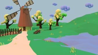 drawing with the image of a windmill in an idyllic landscape