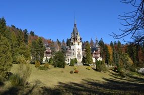 distant view of the castle among the autumn forest in romania