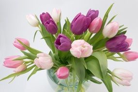 bouquet of colorful tulips in a glass vase