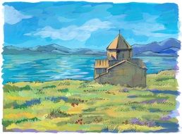 church, painted in watercolor on the shore of Lake Sevan, Armenia