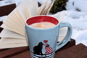cup of coffee near the open book