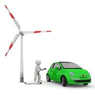 White figure charging a green car from a white and red windmill at white background