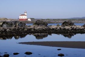 distant view of the lighthouse on the ocean coast in oregon