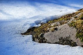 snow around a big stone close up