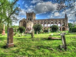 Landscape of church ruins on cemetery, jedburgh abbey