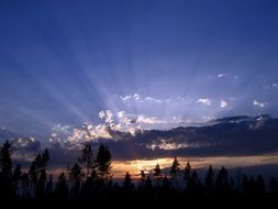 Sunbeams bursting through dark clouds above forest, Evening Landscape