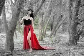 sensual brunette in red skirt in the forest