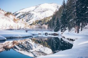 mirror lake among the snowy mountain landscape