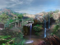 fantasy landscape with a cascade of waterfalls