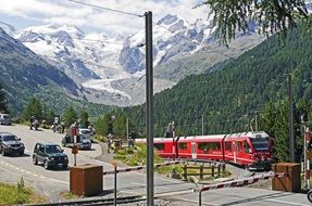 panoramic view of the railway crossing to the Bernina massif