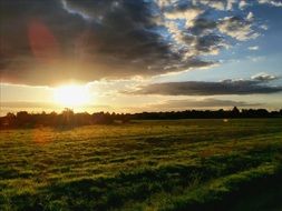 evening sun over the field at dusk