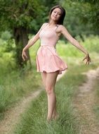 Brunette Girl in Pink Dress Beauty