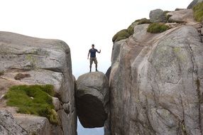 man posing on stone wedged between two rocks, norway, Kjerag