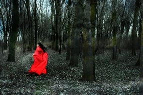 young Girl in red clothes posing in dark forest