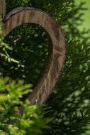 closeup view of wooden heart among green trees