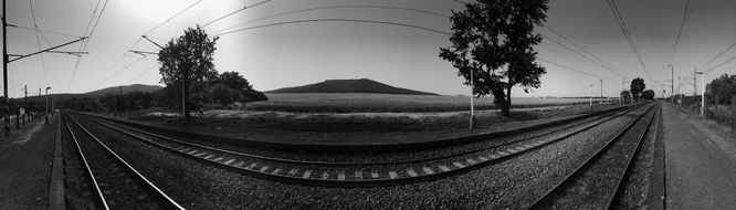 panoramic view of the railway in black and white image