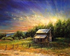 painted landscape of a rural house on a background of colorful sunset