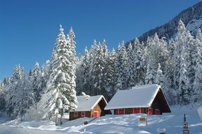 wooden huts in picturesque snowy alps