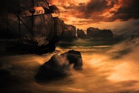 Beautiful landscape with the ship in the evening