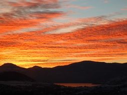 colorful Sunset sky above Lake and dark Mountains