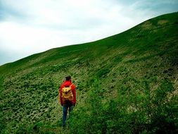 Man hiking on a green hill