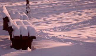 fluffy snow on a wooden bench in December