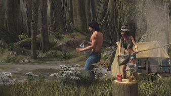 figures of fishermen in the forest