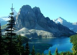 mountain lake in the background of gray rocks in Canada