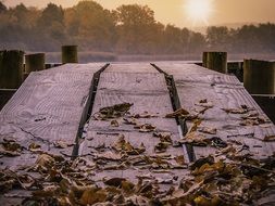 wooden bridge over the lake during dawn