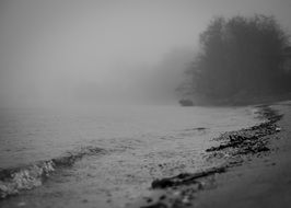 beach in fog in black and white image