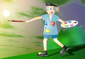 caricature of artist with colorful paint on the green hill at sun background