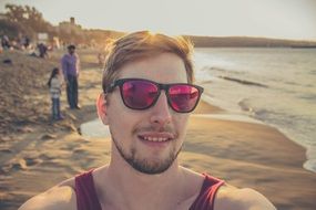 man on sunset Beach in thailand romantic selfie shot