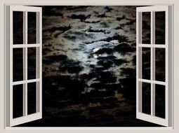 cloudy Night sky with full Moon through open window, illustration