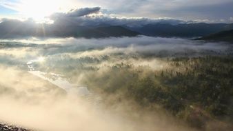 panorama of morning foggy norway
