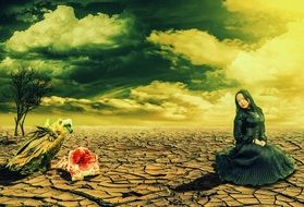 young girl sits on dry soil looking at gyp, collage