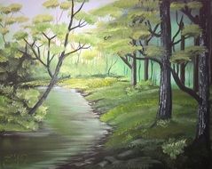 oil Drawing of river in the green forest