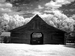 log house on a farm in Montana in black and white image