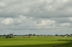 distant view of a windmill in a green field