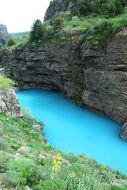 panorama of turquoise canyon lake in shymkent