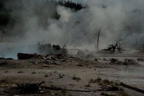 Yellowstone foggy Hot Springs Landscape