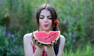 Girl eat Melon Red Summer Beauty