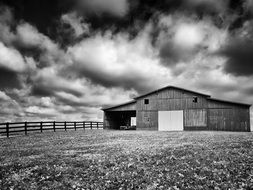 black and white picture of a farm