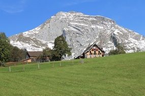 distant view of a chalet in the mountains of switzerland