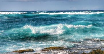Beautiful blue ocean with white waves on the coast in Hawaii