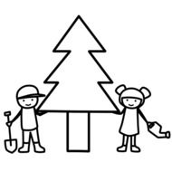 Black and white drawing of the children near the tree