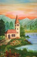 painting of a church by the lake
