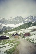 huts at road in snowy Mountain landscape, austria, Dachstein
